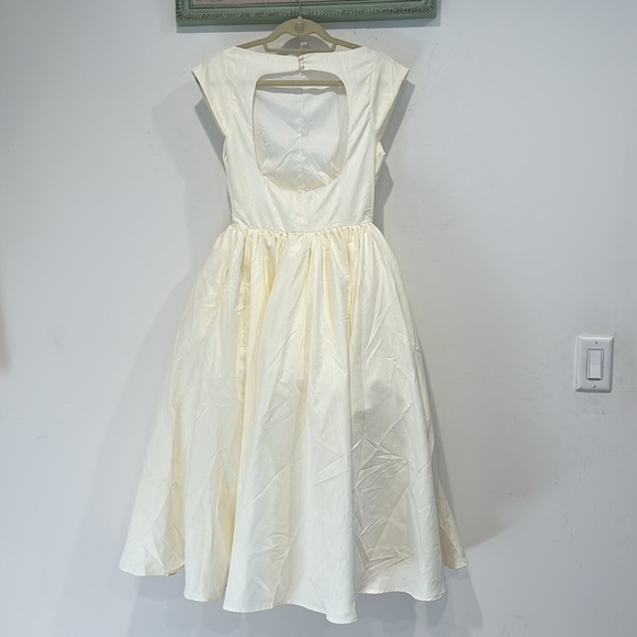 Bridal 50s Vintage Egg Cream A line wood grain Midi Dress open back women small - Picture 5 of 7